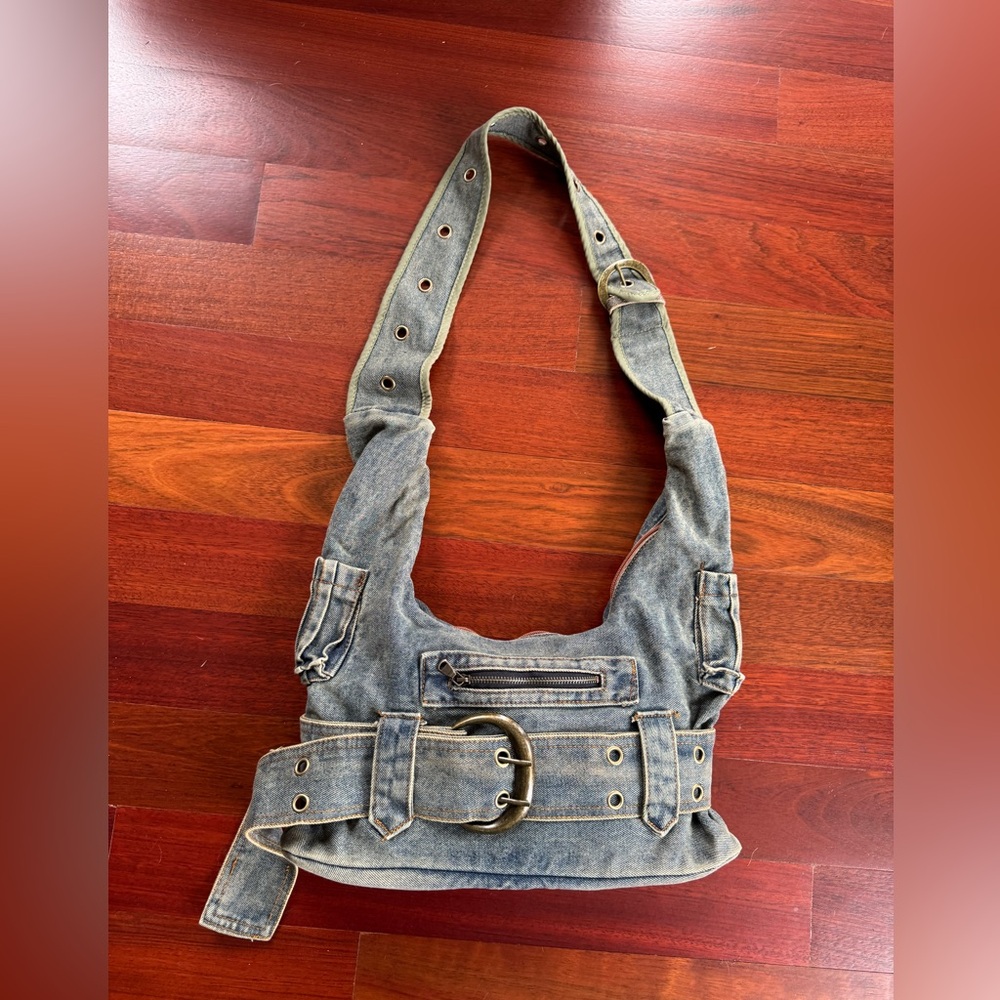 Denim Shoulder Bag with Belt Detail